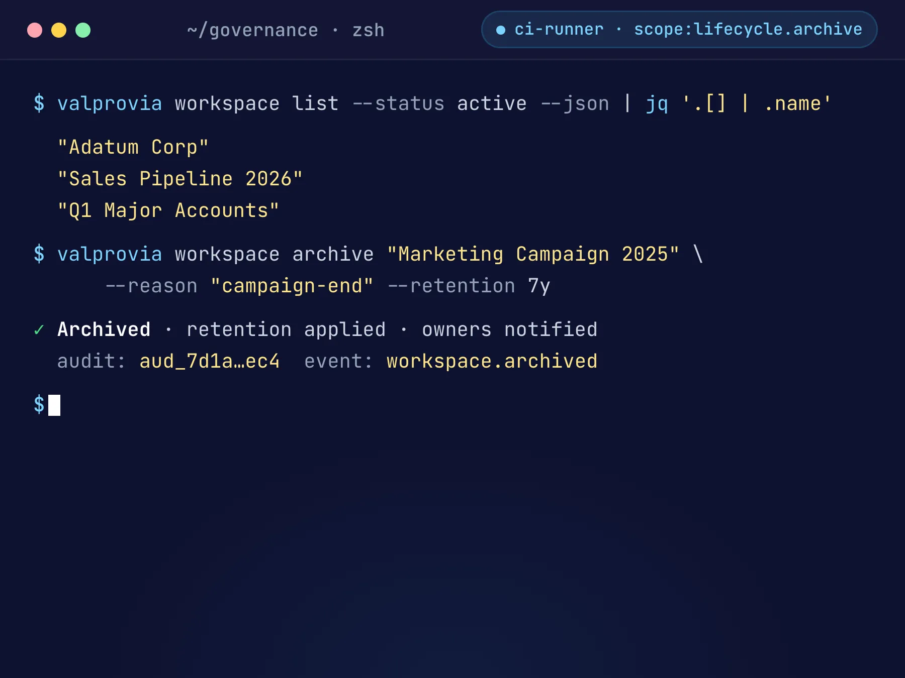 Valprovia CLI - service-account session with archive command