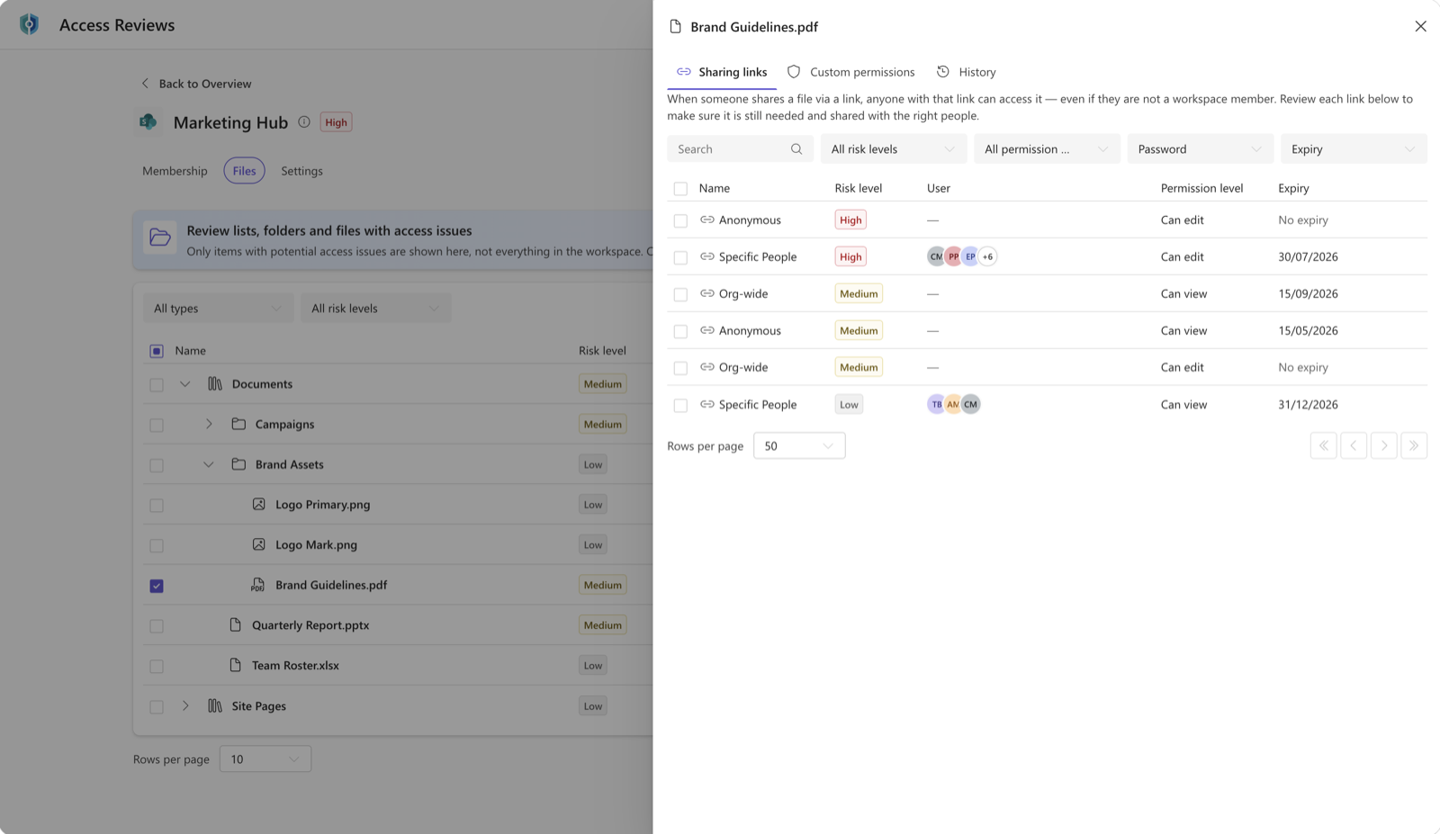 Valprovia Access Reviews Files drawer, Sharing links tab for Brand Guidelines.pdf: every link on the file listed with risk level (High / Medium / Low), link type (Anonymous, Specific People, Org-wide), users, permission level (Can view / Can edit), and expiry date. Filters for risk level, permission, password, and expiry.