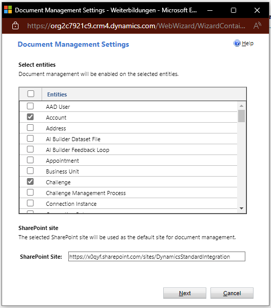 Document Management Settings: selection box for Dynamics 365 entities