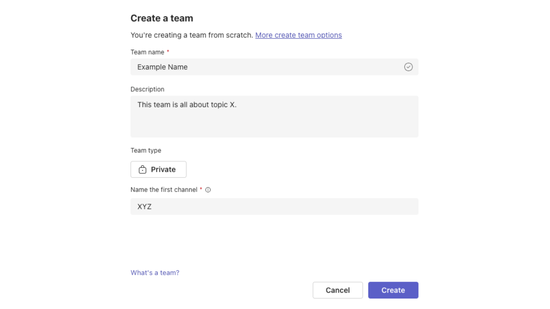 Microsoft Teams: name your team dialog