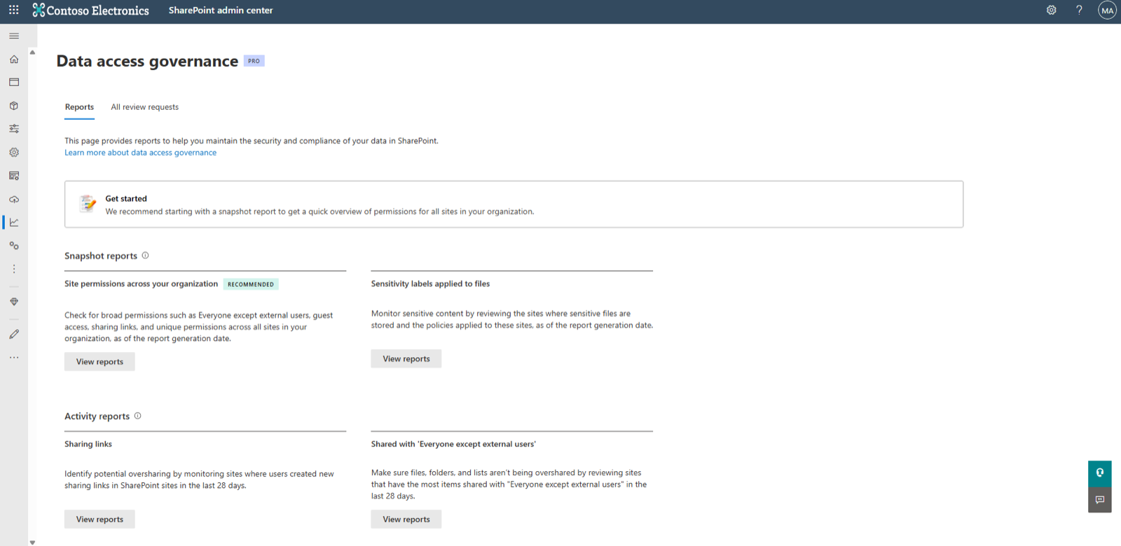 SharePoint admin center, Data Access Governance landing page: two report families — Snapshot reports (Site permissions across your organization, Sensitivity labels applied to files) and Activity reports (Sharing links, Shared with "Everyone except external users"). Both activity reports are labelled "in the last 28 days". Source: Microsoft Learn.