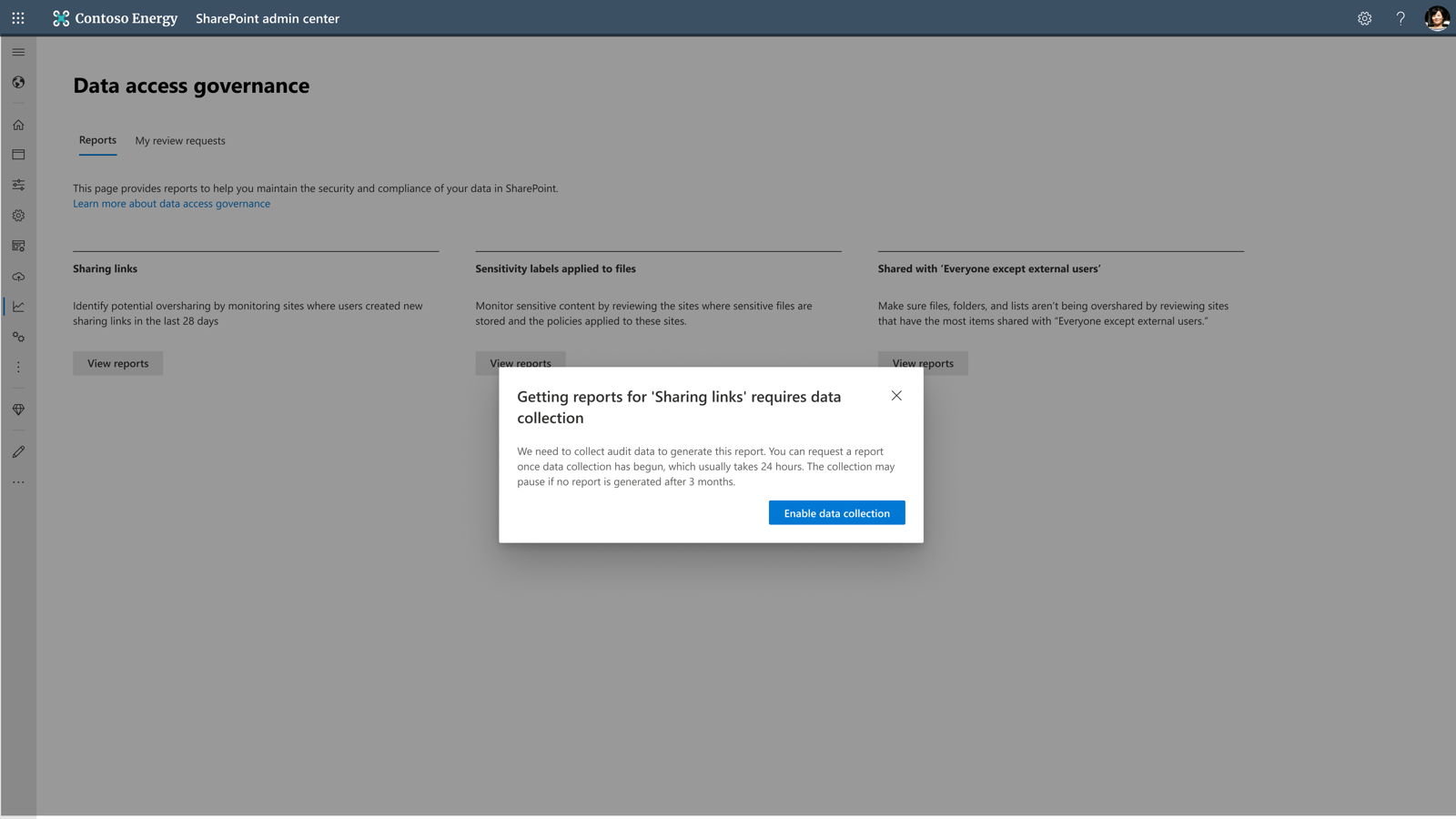 Modal dialog in the SharePoint admin center: "Getting reports for 'Sharing links' requires data collection" — explains that reports become available about 24 hours after data collection begins, and that collection may pause if no report is generated after 3 months. Source: Microsoft Learn.