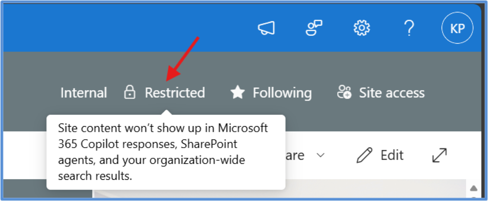 SharePoint site header showing a "Restricted" badge with a tooltip: "Site content won't show up in Microsoft 365 Copilot responses, SharePoint agents, and your organization-wide search results." Source: Microsoft Learn.