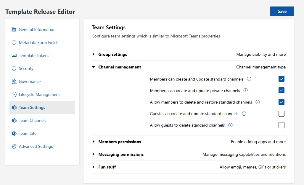 Template Release Editor, Reiter „Team Settings" mit ausgeklapptem Bereich „Channel management" und Checkboxen dafür, ob Mitglieder Standard-Kanäle erstellen und aktualisieren, private Kanäle erstellen sowie Standard-Kanäle löschen und wiederherstellen dürfen, und ob Gäste Standard-Kanäle erstellen und löschen dürfen.