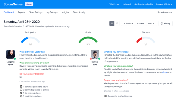 ScrumGenius Dashboard für Microsoft Teams: asynchrone Standups