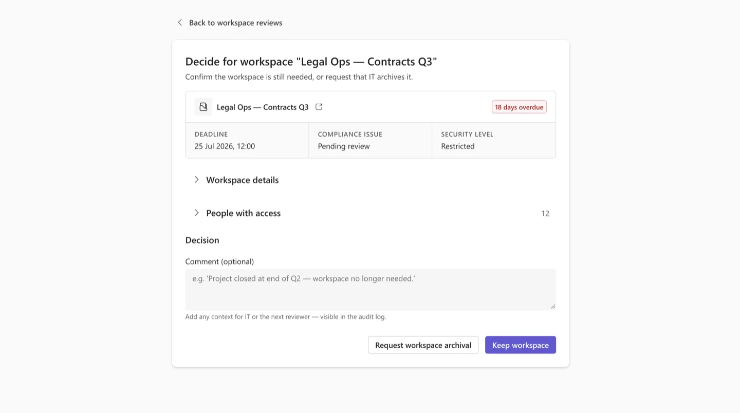 Endnutzer-Seite für Workspace Review im Durchlauf - startet mit einer Workspace-Karte mit Deadline, Compliance-Grund und Sicherheitsstufe; der Prüfer klappt Workspace-Details und Personen mit Zugriff auf, um den Kontext zu sehen; ergänzt einen optionalen Kommentar; und sendet eine Anfrage zur Workspace-Archivierung.