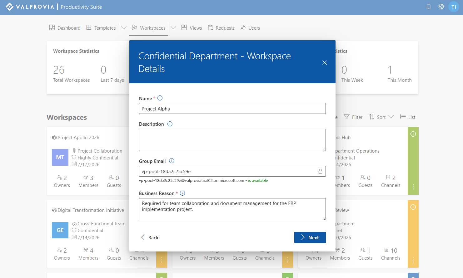 Dialog „Workspace Details" im Valprovia-Governance-Admin-Portal auf der Seite „Workspaces": Name-Feld mit „Project Alpha", leeres Description-Feld, schreibgeschütztes Group-Email-Feld mit dem Pool-Identifier „vp-pool-18da2c25c59e" und einem Schloss-Symbol sowie ein leeres Pflichtfeld „Business Reason", mit den Aktionen „Back" und „Next" am unteren Rand.