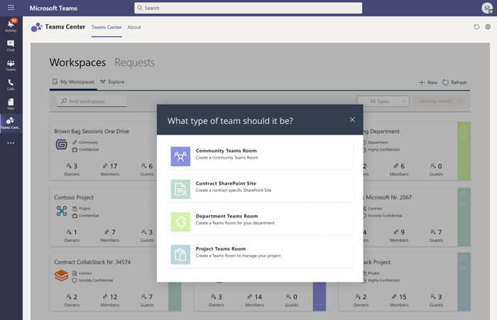 Microsoft Teams Verwaltungstool - Teams Center Template Selection