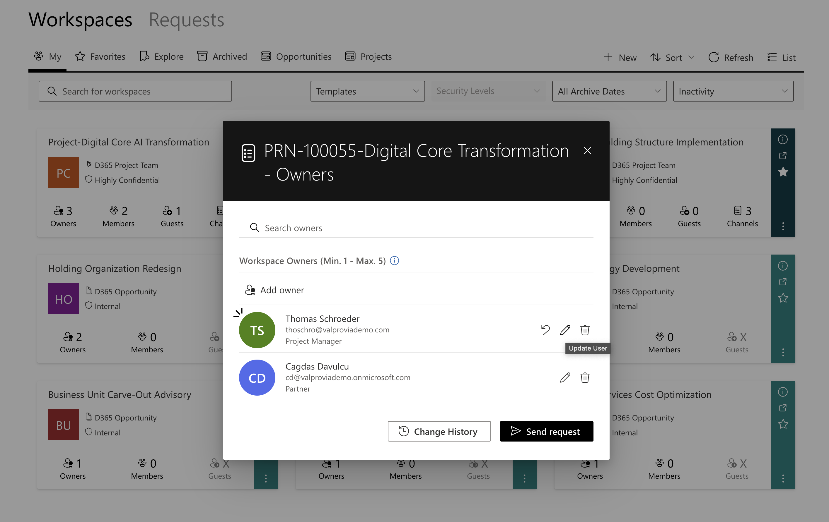 Valprovia Governance Zugriffsprofile — Workspace-Owners mit zugewiesenen Rollen Project Manager und Partner vor dem Absenden