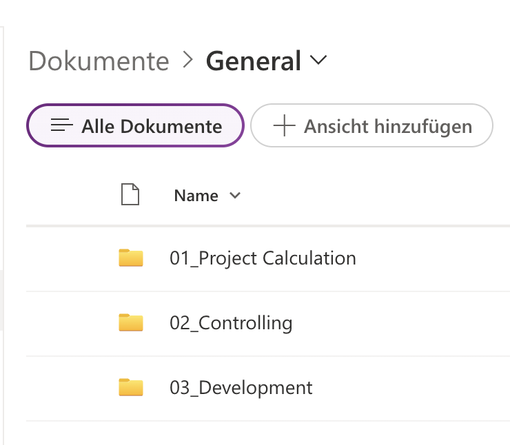Valprovia Governance Zugriffsprofile — SharePoint-Dokumentbibliothek mit drei Projektordnern sichtbar für die Rolle Project Manager