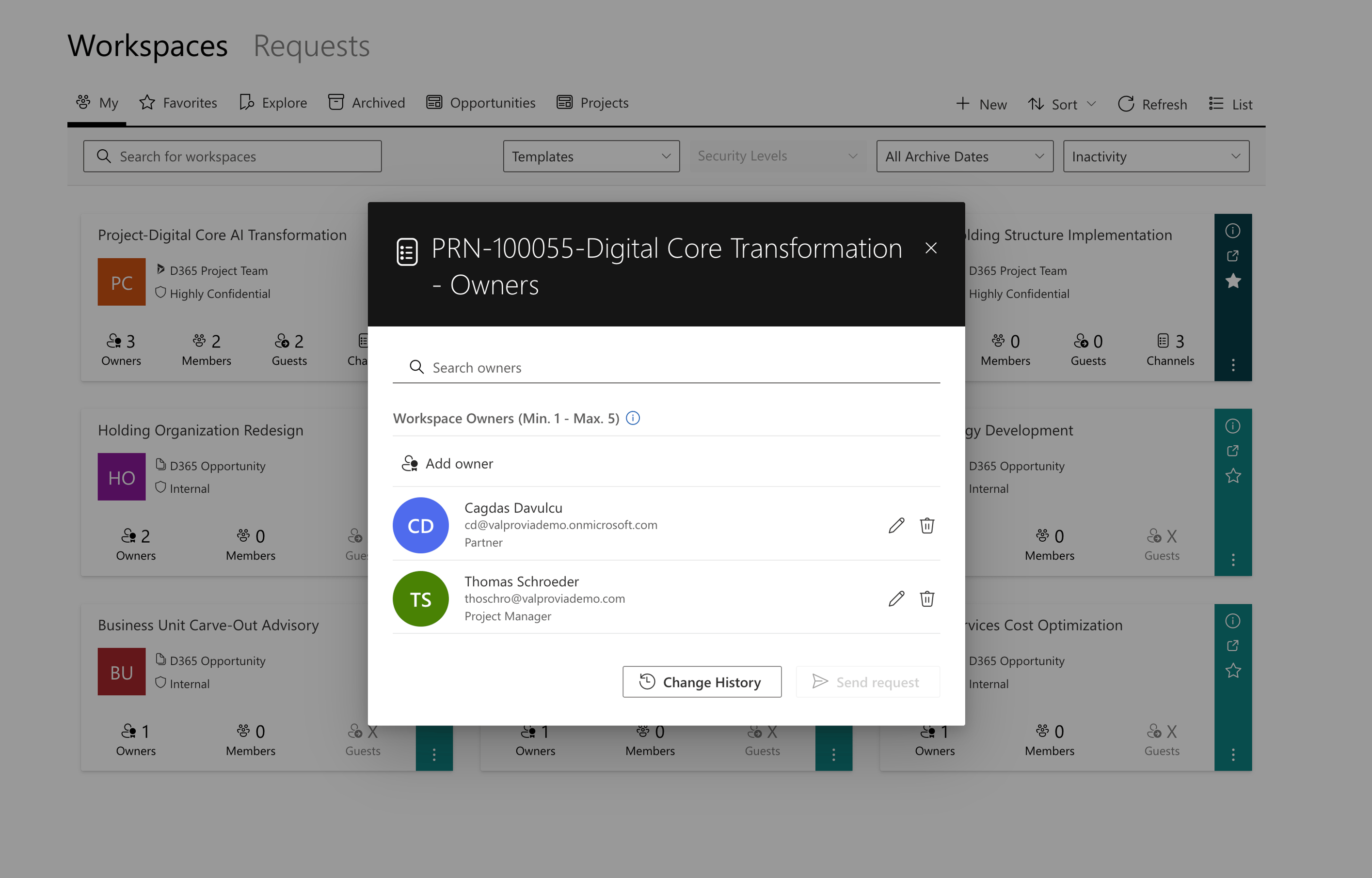 Valprovia Governance Access Profiles — Two workspace users with different roles: Partner and Project Manager