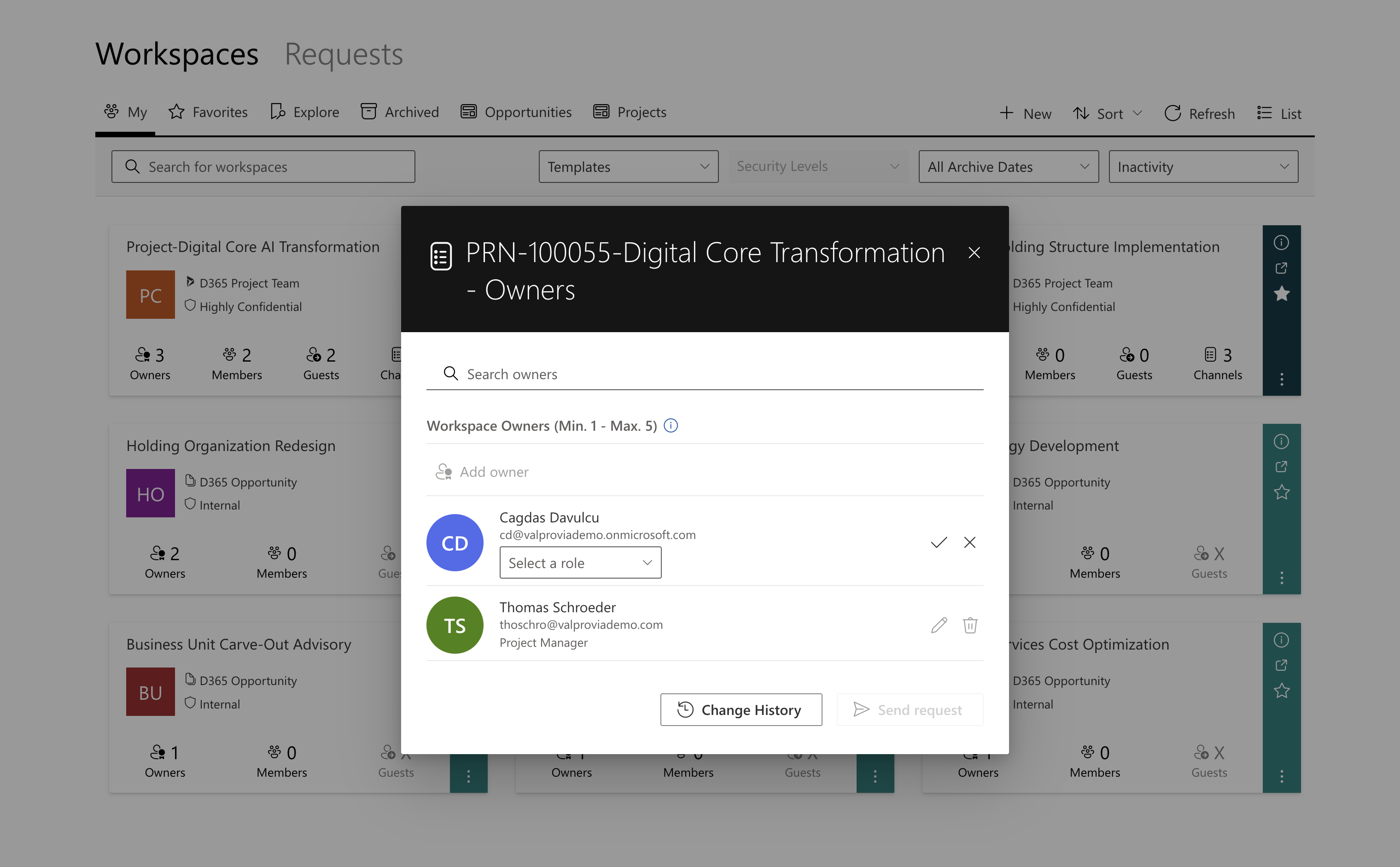 Valprovia Governance Access Profiles — Role change from Project Manager to Partner via the dropdown in the workspace