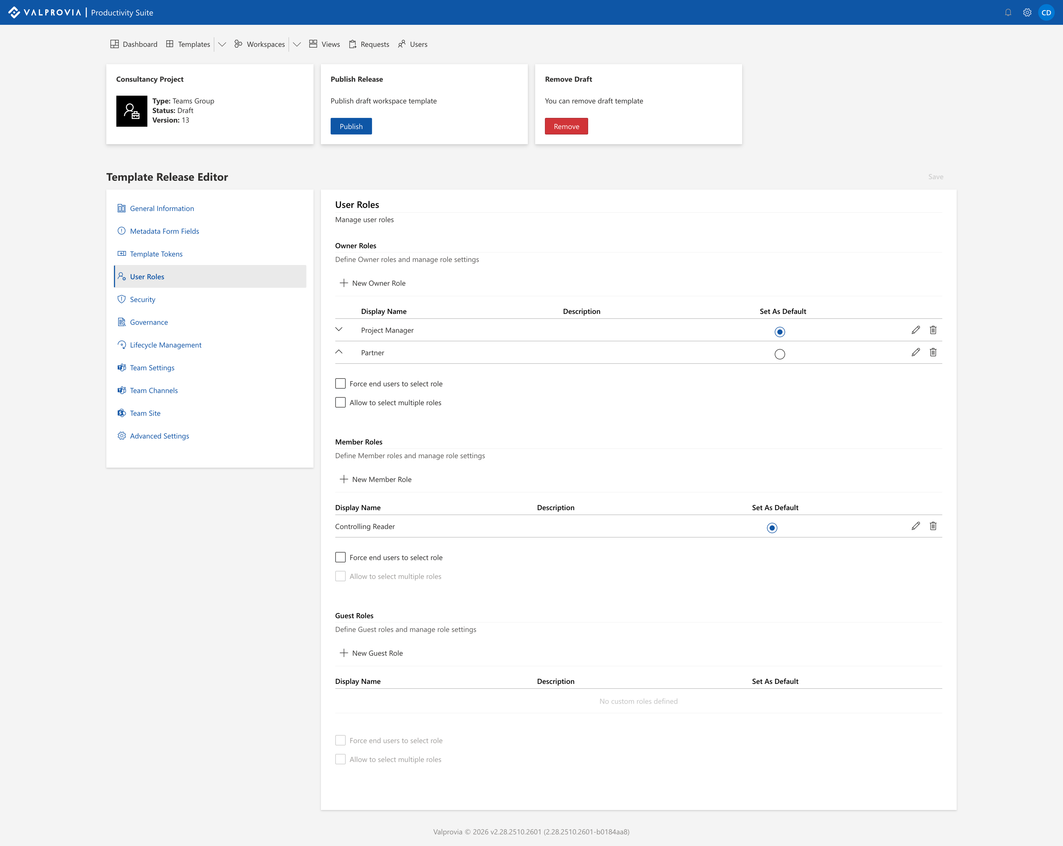 Valprovia Governance Access Profiles — Custom role configuration for Owners, Members and Guests in a workspace template
