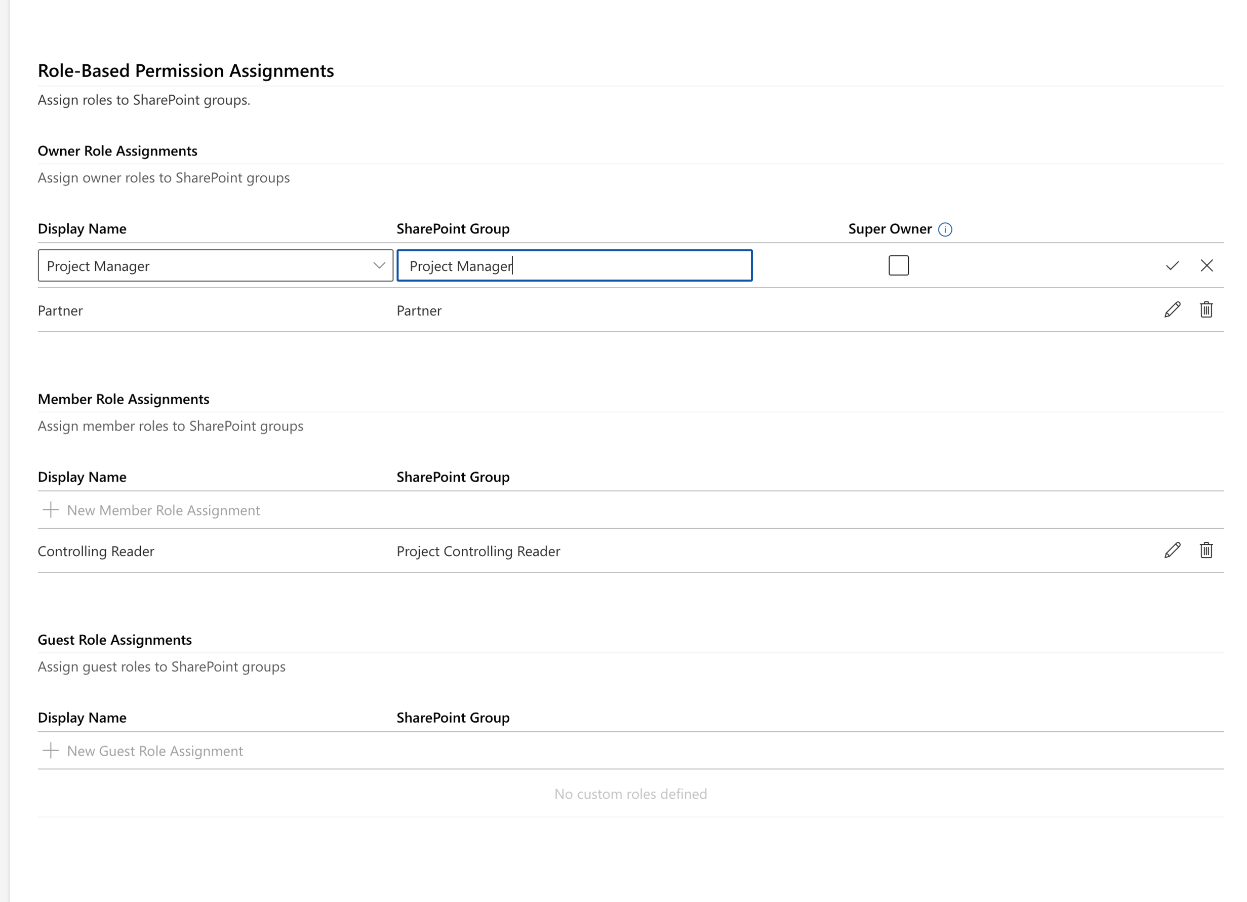 Valprovia Governance Access Profiles — Inline editing of a role assignment with dropdown and SharePoint group input field