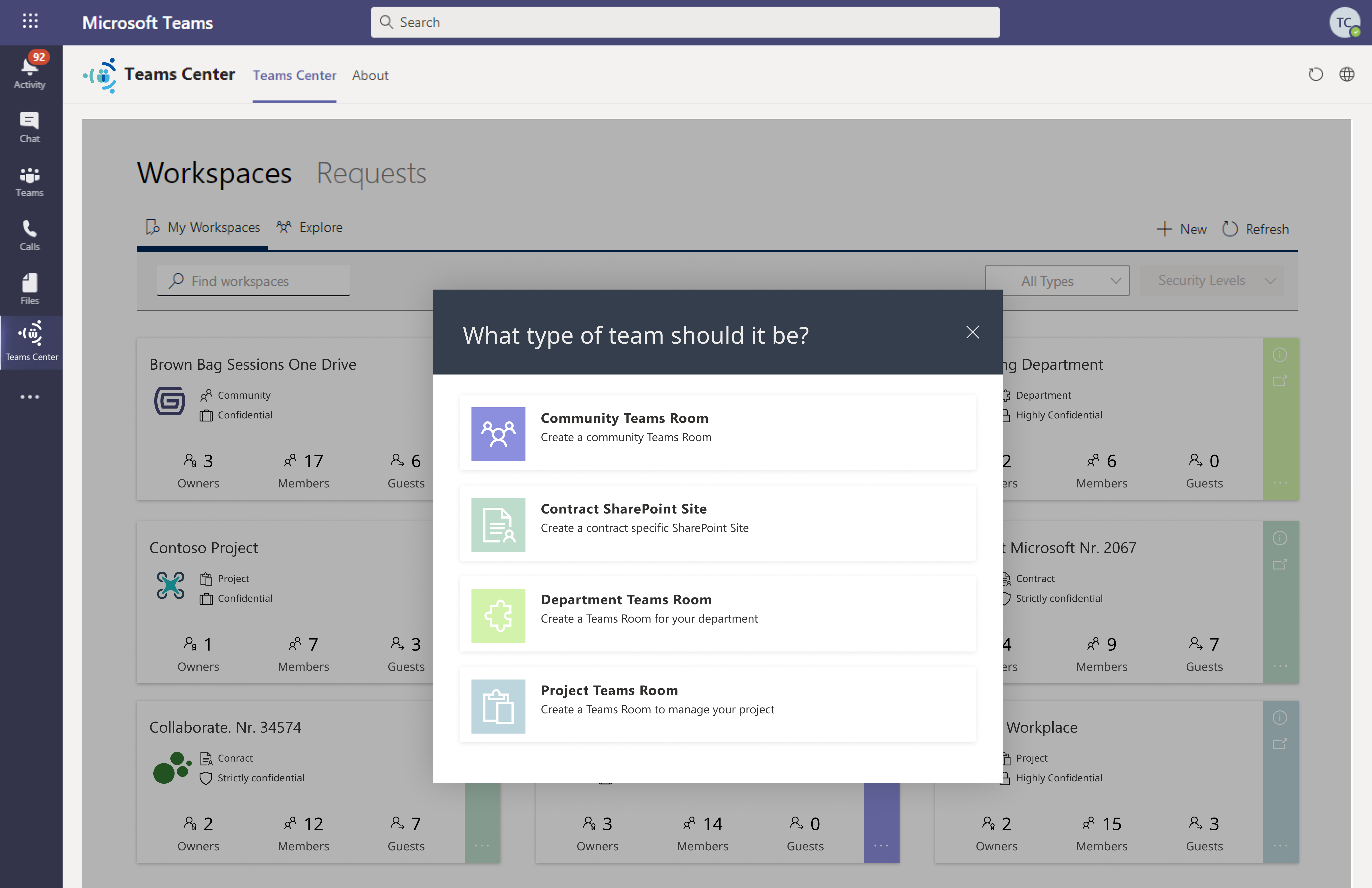 02-Teams Center_Workspace Type Selection