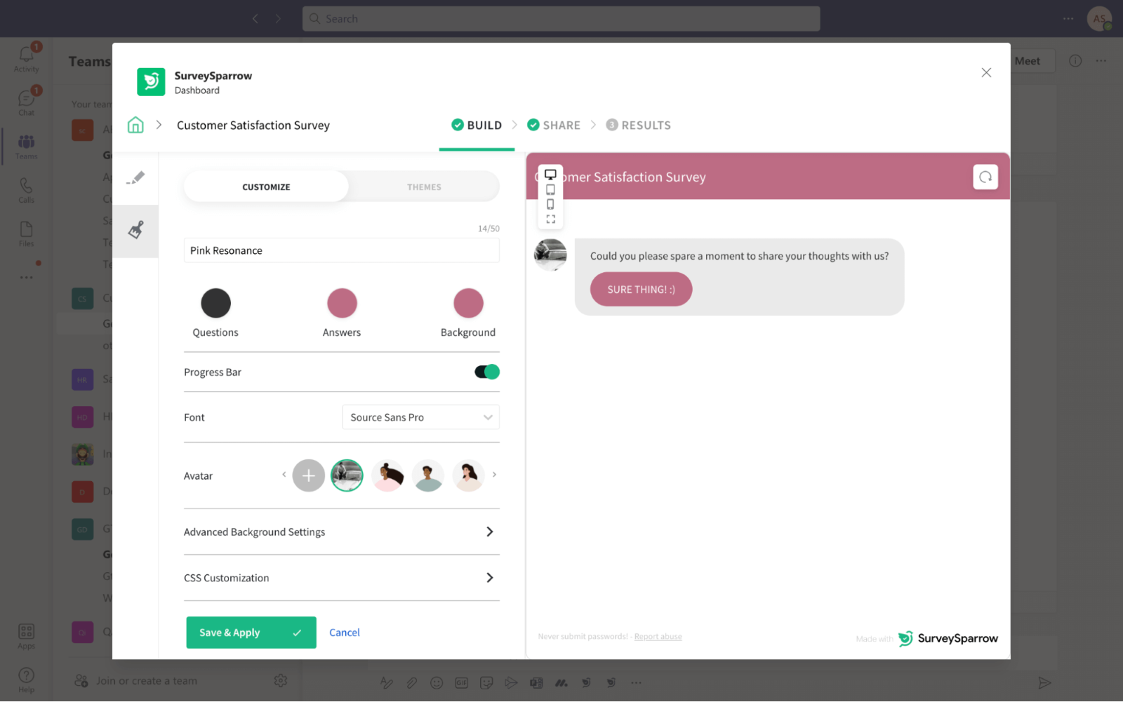 Dashboard Konfiguration SurveySparrow Microsoft Teams