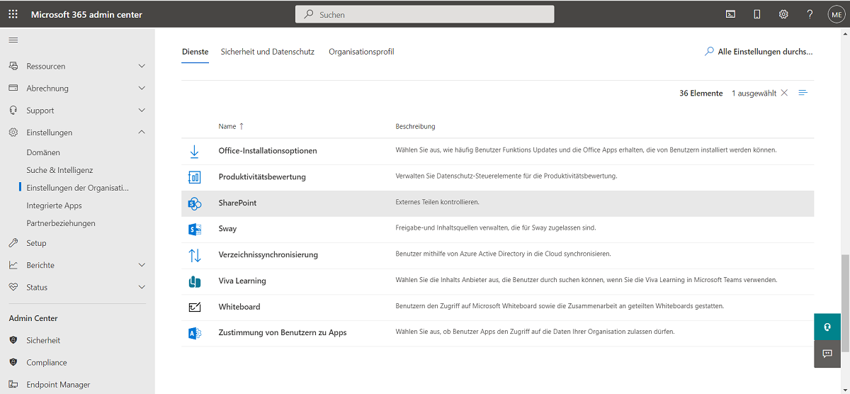 Microsoft Governance 365 Admincenter SharePoint