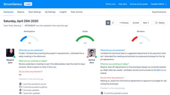 ScrumGenius Dashboard Microsoft Teams